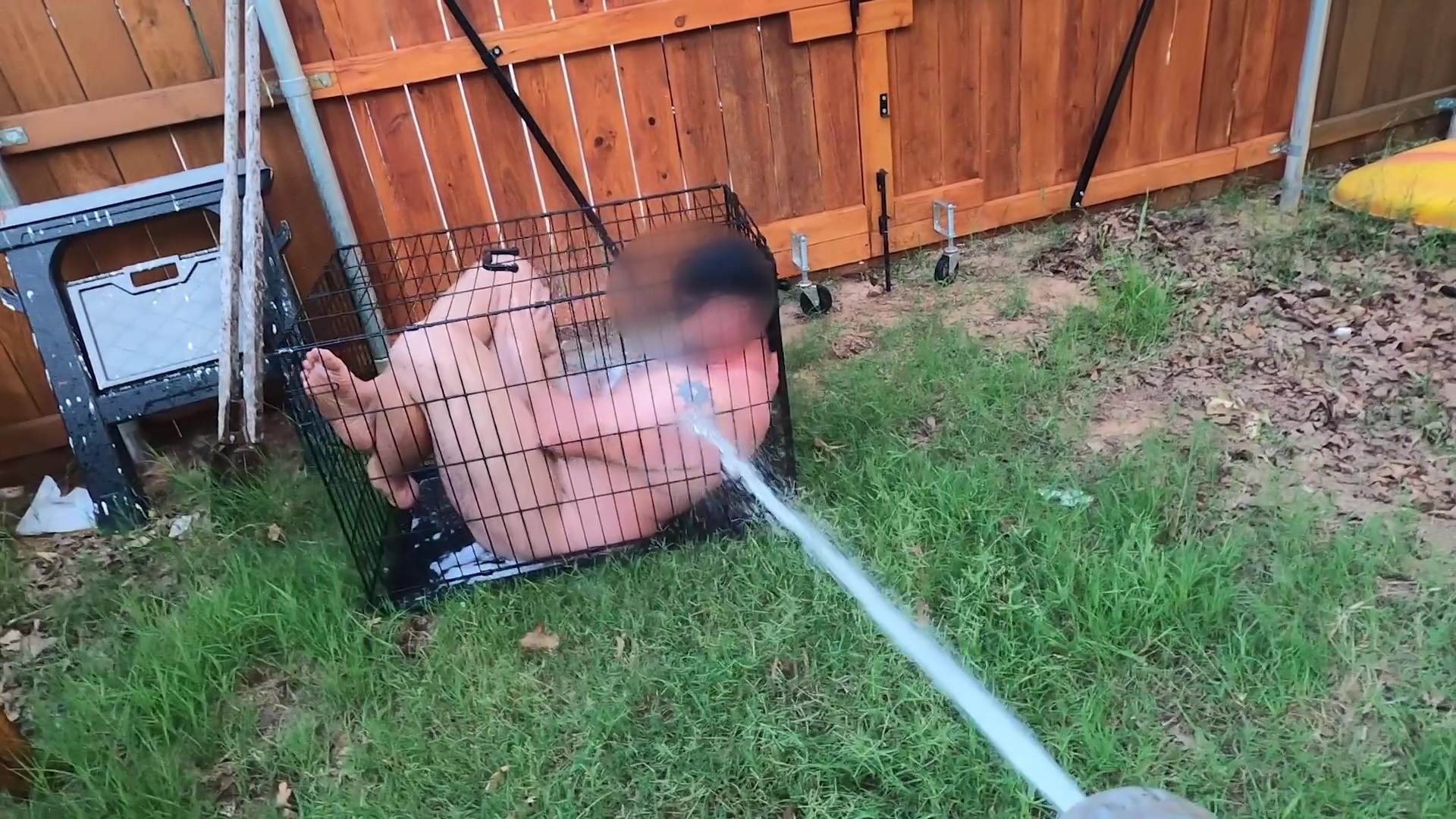 Femdom Wife Humiliates Small Penis Husband Hoses Him Like A Animal In A Dog Cage
