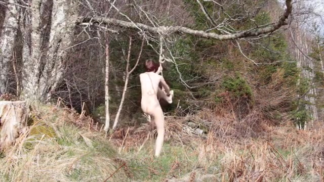 Naked self bondage in the woods gone wrong
